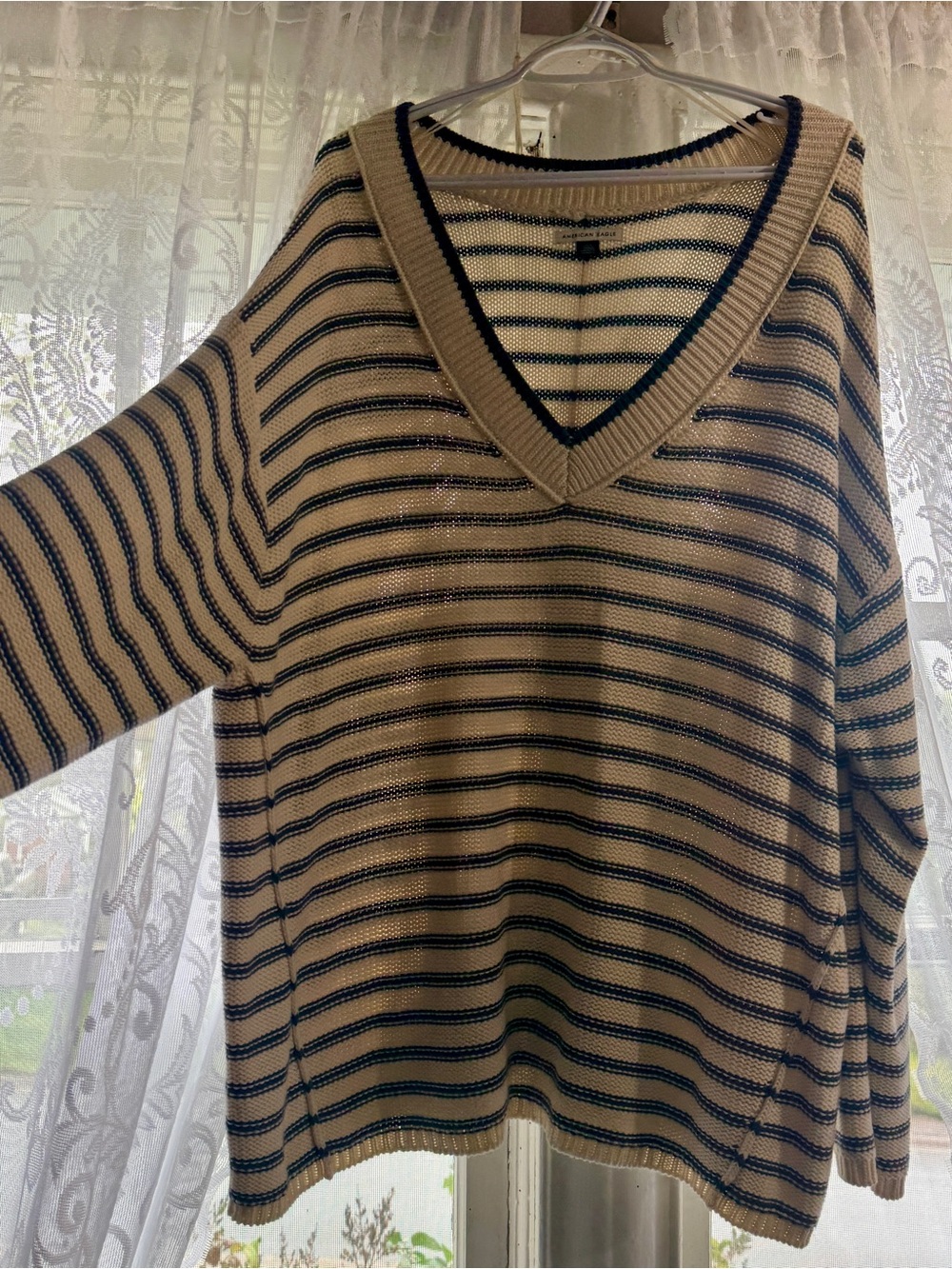 American Eagle Outfitters Striped V-Neck Sweater in Cream and Navy